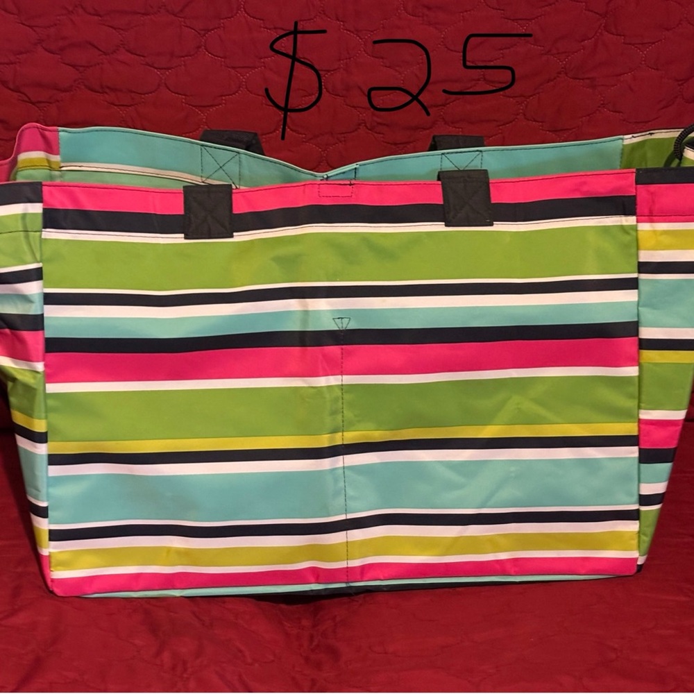 Thirty-One Pink and Green Striped Tote Bag